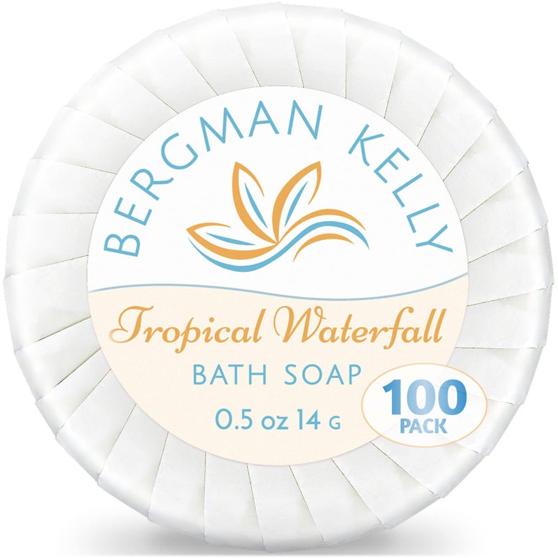 BERGMAN KELLY - Hotel Soap Bars in Bulk - Tropical Waterfall, 0.5 oz, 100 PK - Small Individually Wrapped Round Soap - Travel Size Mini Toiletries for Airbnb, Motel, Guest Bathroom - Image 1